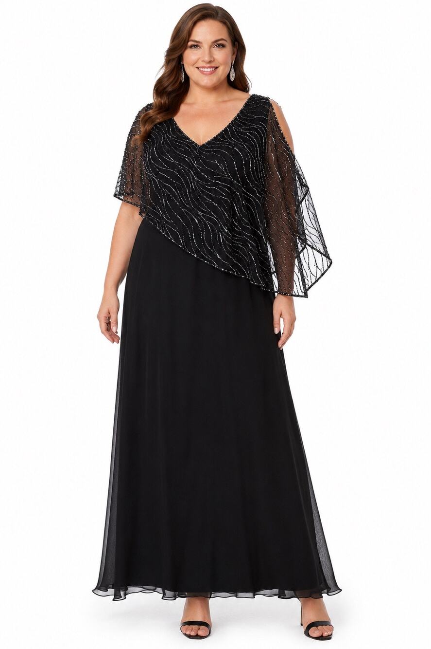 1990s J Kara Black Beaded Cape Overlay Evening Gown Size 18 NWT